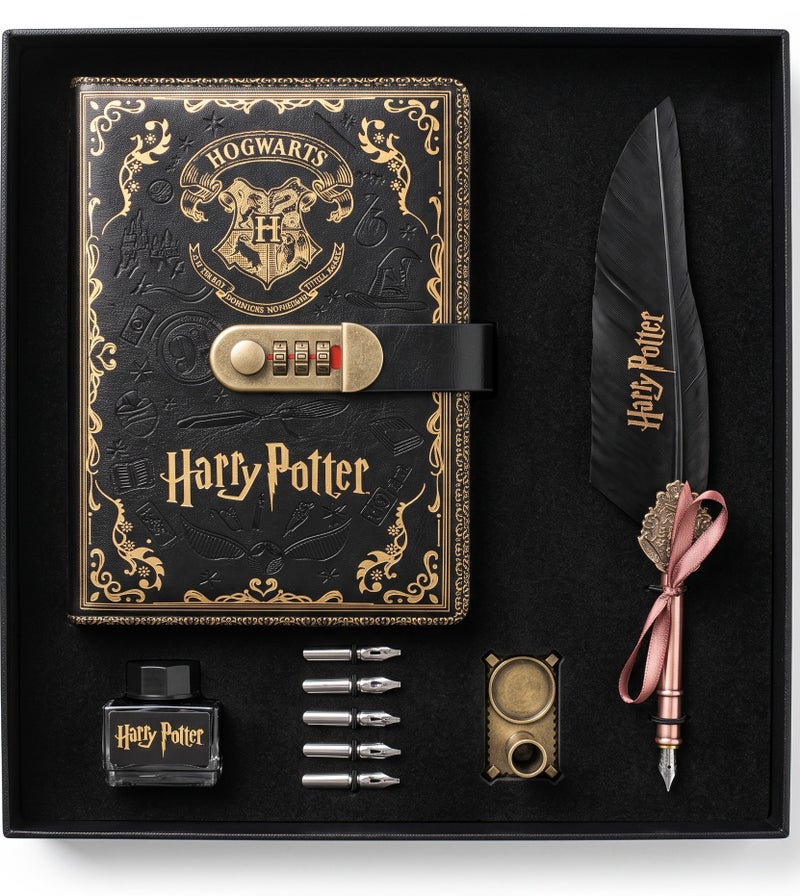 Harry Potter Vintage Secret Diary With Combination Lock & Quill Pen Writing Set Included Ink Bottle & 5 Nibs Black/Gold 9-Piece Set HA-506 - Image 1