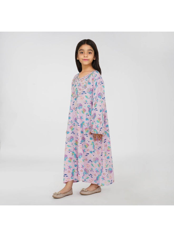 LINELLE Ocean Theme Kids Jalabiya –  Printed Maxi with Full Sleeves and Embellished V Neckline - Image 5