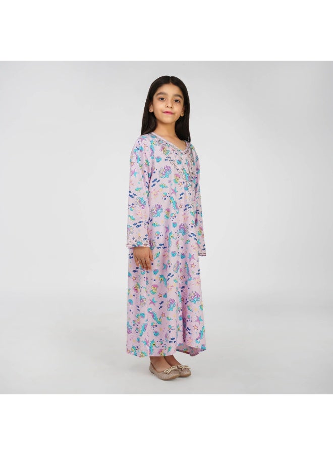 LINELLE Ocean Theme Kids Jalabiya –  Printed Maxi with Full Sleeves and Embellished V Neckline - Image 4
