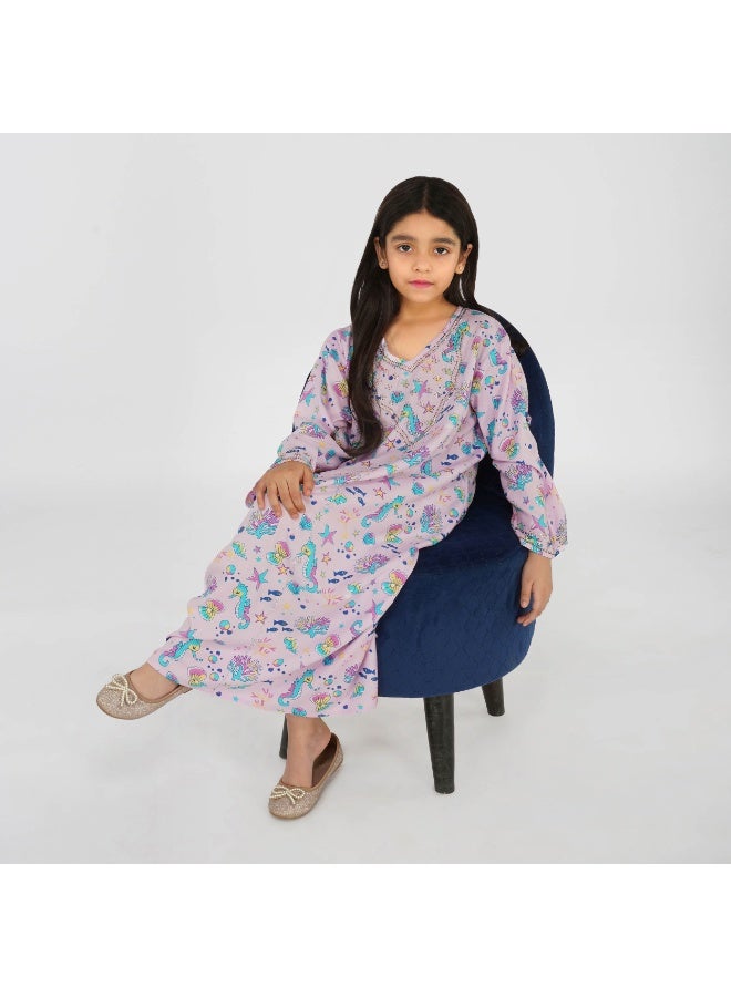 LINELLE Ocean Theme Kids Jalabiya –  Printed Maxi with Full Sleeves and Embellished V Neckline - Image 2