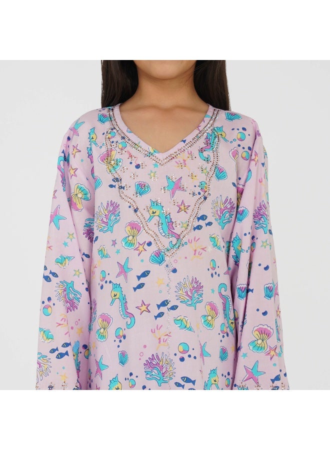 LINELLE Ocean Theme Kids Jalabiya –  Printed Maxi with Full Sleeves and Embellished V Neckline - Image 1
