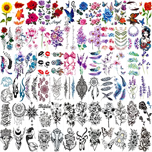 Zomme 72 Sheets Temporary Tattoos for Women and Girls, Flower Tattoo Temporary, Butterfly Tattoos, Fake Black Tiny Temporary Tattoos Body Art Sticker - Image 1