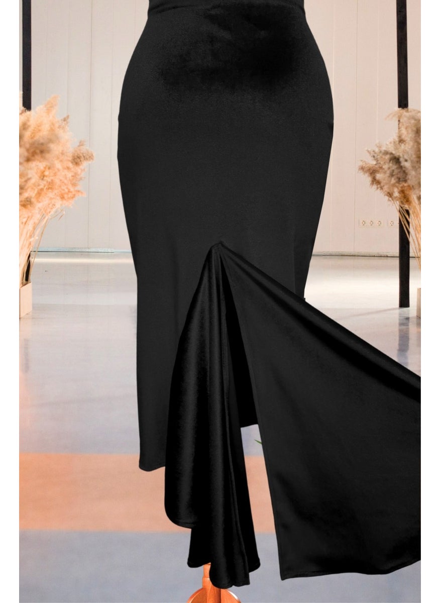 Due Stelle Black Velvet Tail Tango Dance Skirt - Chic High Slit Design  - Image 1