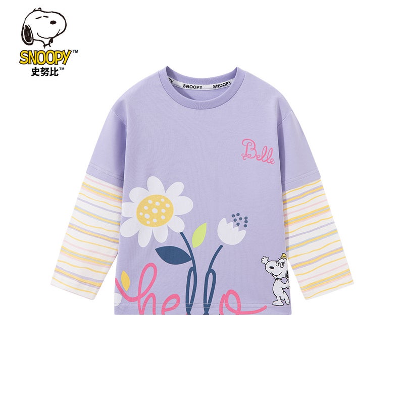 Snoopy Spring New Girls' T-Shirt Small And Medium-Sized Baby Cartoon Striped Fake Two-Piece Top Sweet Round Neck T-Shirt - Image 1