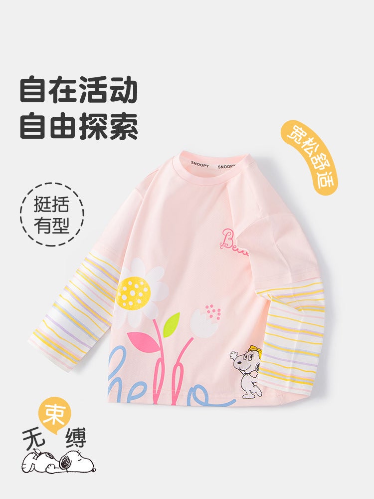 Snoopy Spring New Girls' T-Shirt Small And Medium-Sized Baby Cartoon Striped Fake Two-Piece Top Sweet Round Neck T-Shirt - Image 5