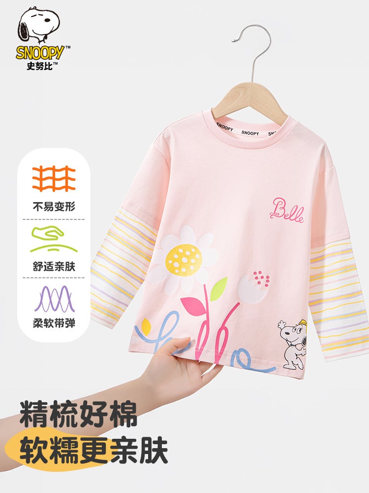 Snoopy Spring New Girls' T-Shirt Small And Medium-Sized Baby Cartoon Striped Fake Two-Piece Top Sweet Round Neck T-Shirt - Image 3