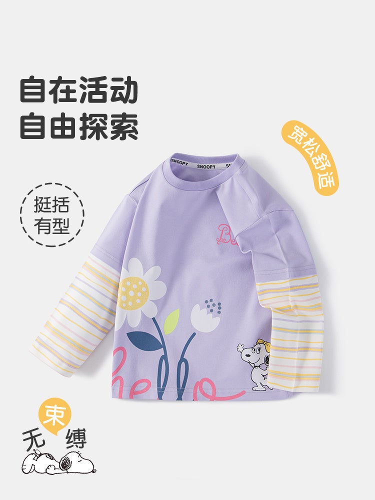 Snoopy Spring New Girls' T-Shirt Small And Medium-Sized Baby Cartoon Striped Fake Two-Piece Top Sweet Round Neck T-Shirt - Image 4