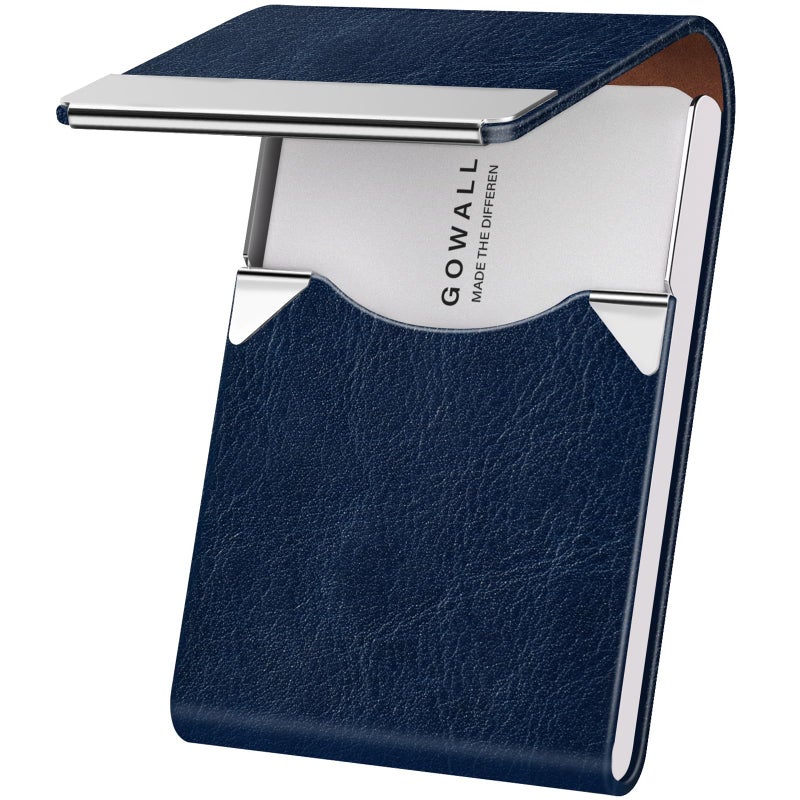 GOWALL Business Card Holder with Magnetic Closure, Slim Metal PU Business Card Case for Men Women, 3.7 x 2.3 inches RFID Blocking Credit Cards Holder for Pocket or Bag Storage, Dark Blue - Image 1