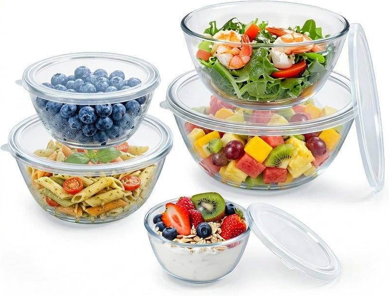 مجموعة أوعية خلط زجاجية مع أغطية (4.7/2.9/2.2/1.1/0.53 كوارت)، 5 عبوات من الأوعية الزجاجية السميكة، أوعية كبيرة قابلة للتكديس للخبز في المطبخ، التحضير، الطهي، آمنة للاستخدام في غسالة الأطباق، الفرن، والميكروويف - Image 1