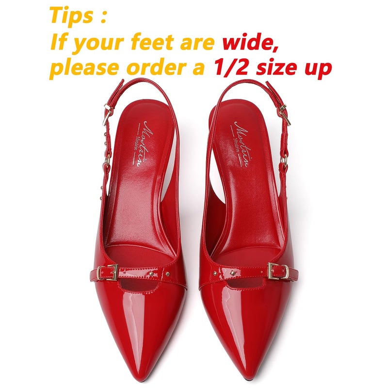 Mostrin Red Kitten Heels for Women Slingback Low Heels with Buckle Pointed Closed Toe Pumps Women's Pumps Shoes Size 8 - Image 4