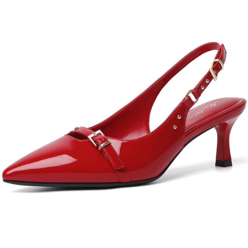 Mostrin Red Kitten Heels for Women Slingback Low Heels with Buckle Pointed Closed Toe Pumps Women's Pumps Shoes Size 8 - Image 1