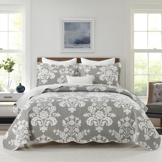 QUEEN SIZE QUILT 100 COTTON GREY QUILT SET DAMASK FLORAL PATTERN FARMHOUSE BEDSPREAD QUEEN LIGHTWEIGHT REVERSIBLE QUEEN QUILT BEDDING SET FOR ALL SEASONGRAY GREY WHITE 3PIECE