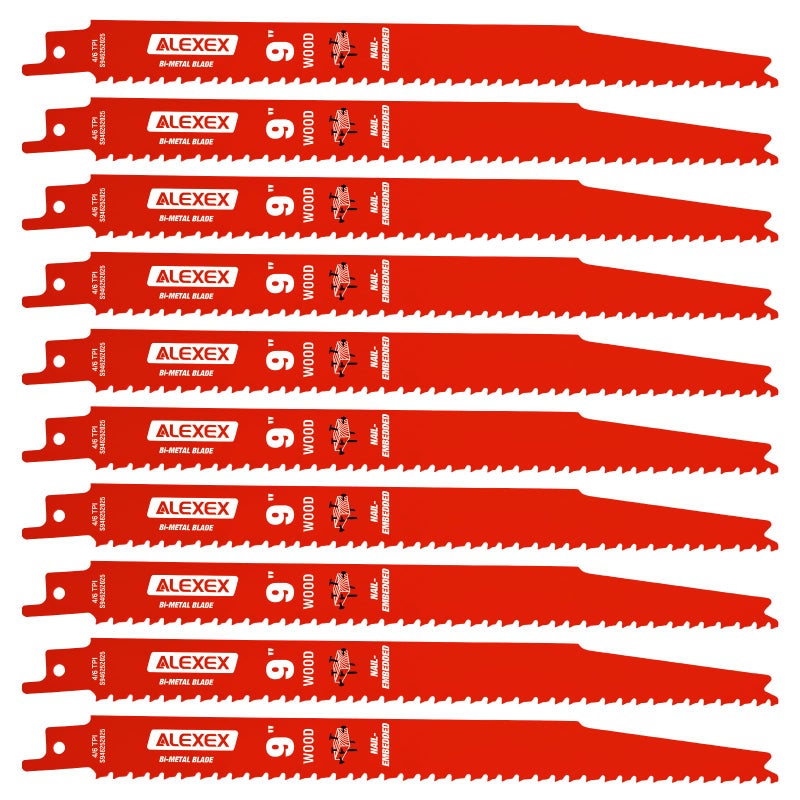ALEXEX 10 Pack 9 Inch 4/6 TPI Reciprocating Saw Blades for Wood and Nail-Embedded Wood Cutting, Bi-Metal Sawzall Blades for Cutting Nail and PVC Pallets etc, for Diablo Sawzall Blades DS0912BW25 - Image 1