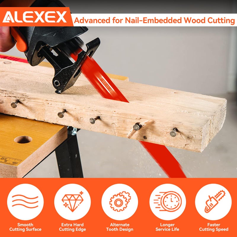 ALEXEX 10 Pack 9 Inch 4/6 TPI Reciprocating Saw Blades for Wood and Nail-Embedded Wood Cutting, Bi-Metal Sawzall Blades for Cutting Nail and PVC Pallets etc, for Diablo Sawzall Blades DS0912BW25 - Image 4