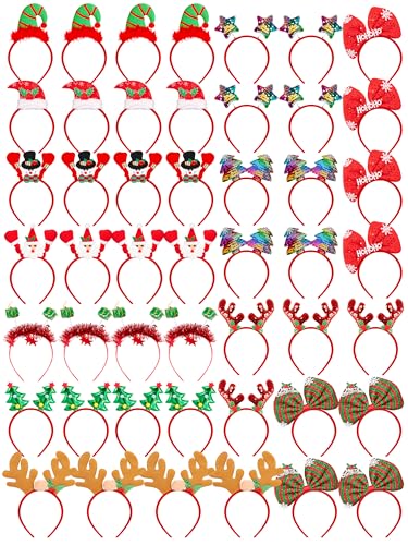 HOVACY 48 Pcs Christmas Headbands Cute Xmas Headwear Christmas Head Boppers Santa Tree Snowman Colorful Stars Reindeer Antler in 12 Styles for Christmas Party Favors Holiday Decor - Image 1