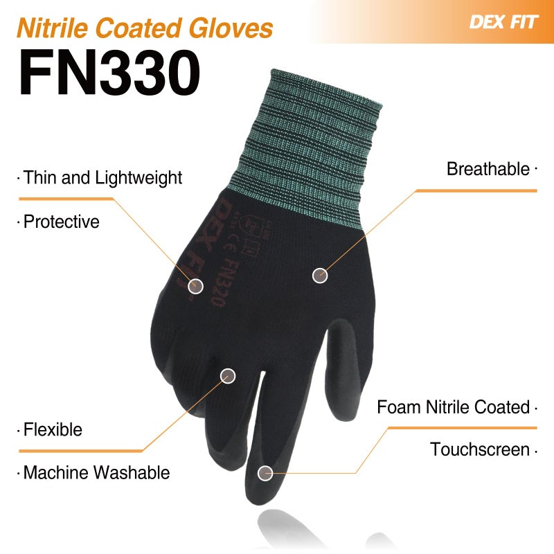DEX FIT قفازات عمل DEX FIT Nitrile FN330 زوج واحد مريح ثلاثي الأبعاد قابل للتمدد وقبضة قوية رفيعة وخفيفة الوزن متوافقة مع شاشة اللمس ومتينة ومسامية وقابلة للغسل في الغسالة؛ اسود لام (9) - Image 2