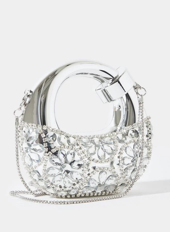Silver Tone Rhinestone Embellished Mini Clutch with Removable Chain Strap