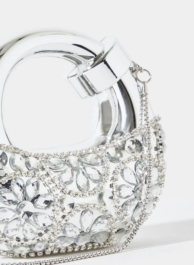 Styli  Silver Tone Rhinestone Embellished Mini Clutch with Removable Chain Strap for Women | Best Price UAE