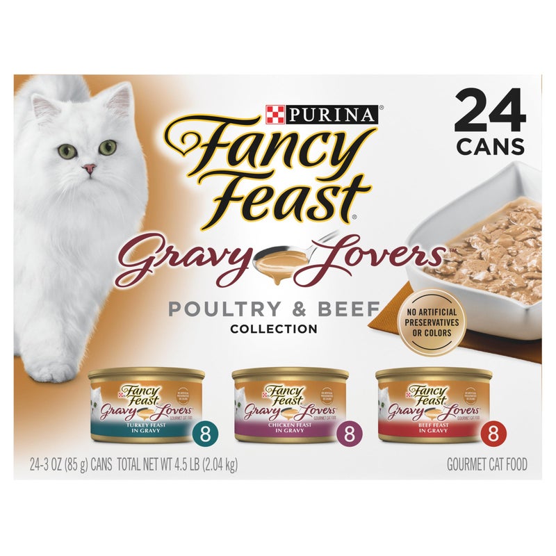 Fancy Feast طعام قطط رطب من بورينا فانسى فيست بنكهة اللحم والدجاج مع صلصة - مجموعة متنوعة (عبوة من 24) علب 3 أونصات - Image 1