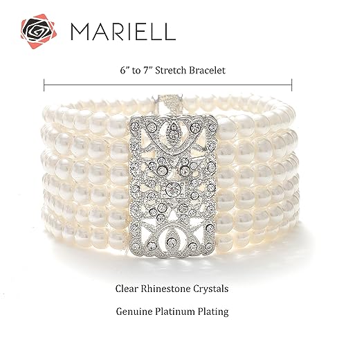 Mariell Ivory Pearl and Crystal Stretch Cuff Bracelet, Medium Size 6" to 7" Fits Most Wrists, Simulated Pearls, Vintage Design Bracelet For Brides, Weddings, Mother of the Bride - Image 5