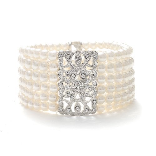 Mariell Ivory Pearl and Crystal Stretch Cuff Bracelet, Medium Size 6" to 7" Fits Most Wrists, Simulated Pearls, Vintage Design Bracelet For Brides, Weddings, Mother of the Bride - Image 1