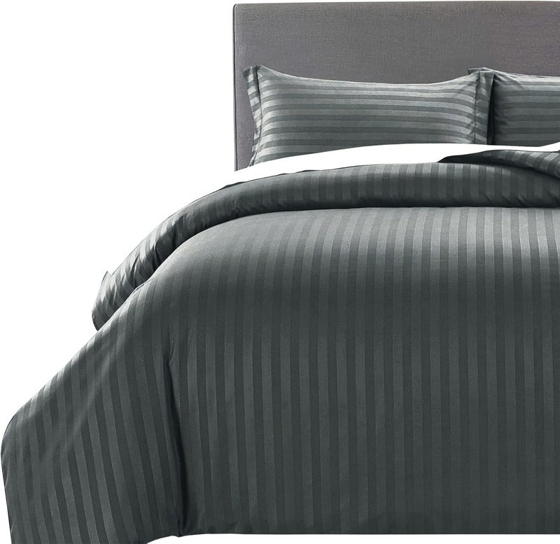 MOONLIGHT20015 Super King Duvet Set Reversible Stripes Satin Bedding Sets with 2 Pillowcases Soft Hypoallergenic Duvet Cover (Charcoal 260x220) - Image 1