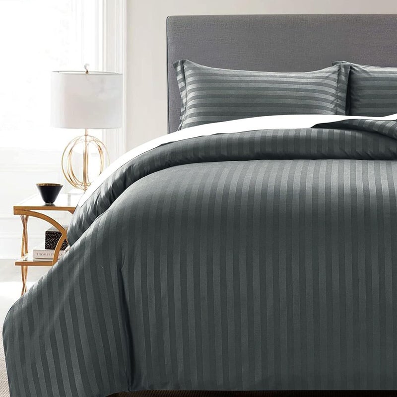 MOONLIGHT20015 Super King Duvet Set Reversible Stripes Satin Bedding Sets with 2 Pillowcases Soft Hypoallergenic Duvet Cover (Charcoal 260x220) - Image 5