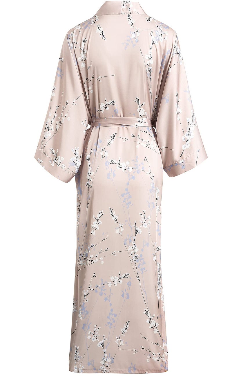 Aensso long soft silk y kimono women robes,floral dressing gown bridal party robe-Champagne - Image 2
