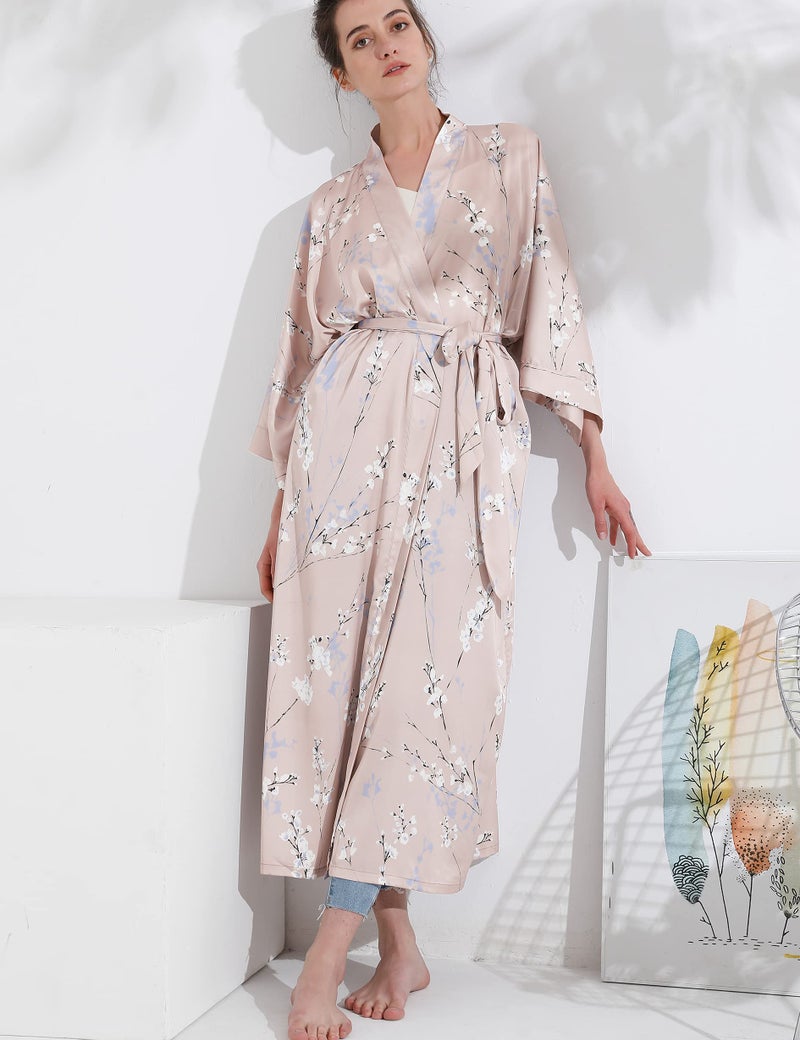 Aensso long soft silk y kimono women robes,floral dressing gown bridal party robe-Champagne - Image 3