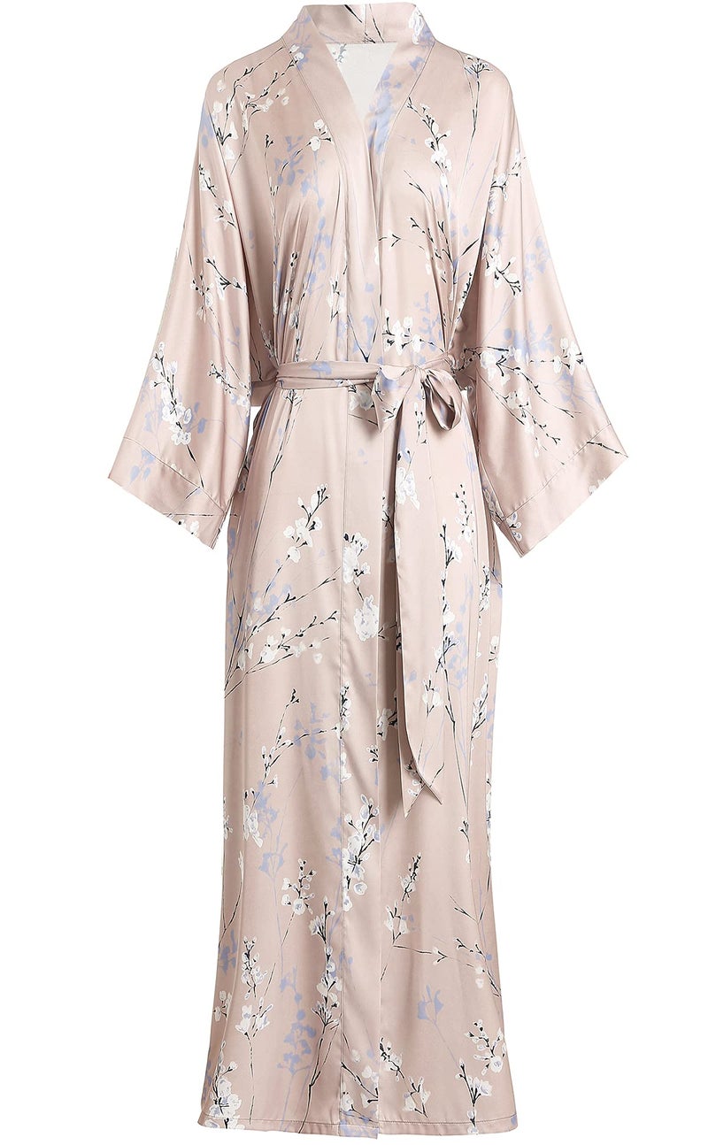 Aensso long soft silk y kimono women robes,floral dressing gown bridal party robe-Champagne - Image 1