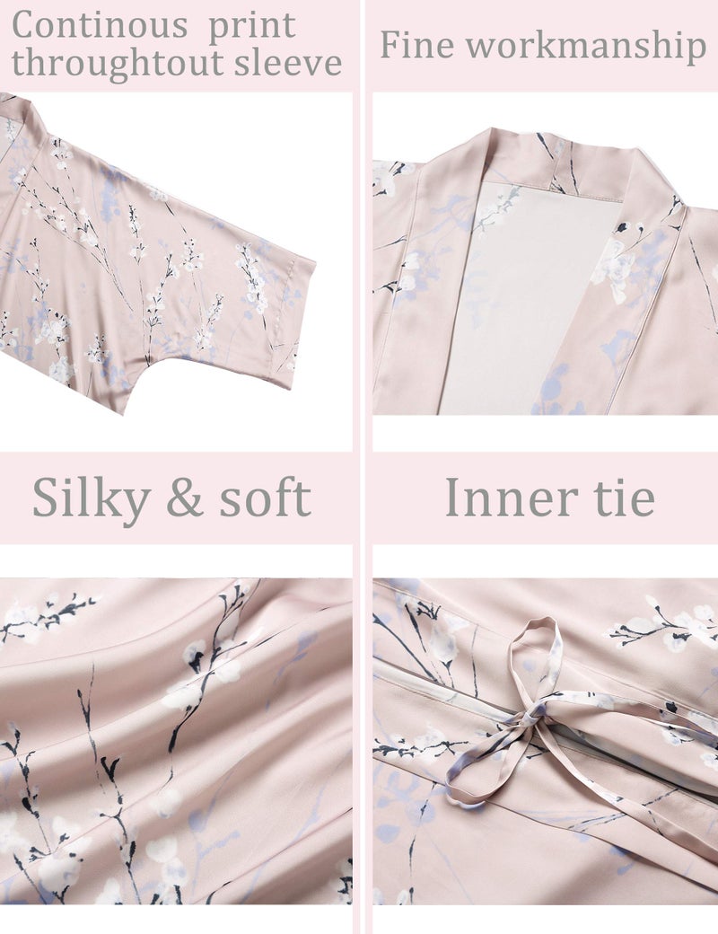 Aensso long soft silk y kimono women robes,floral dressing gown bridal party robe-Champagne - Image 5