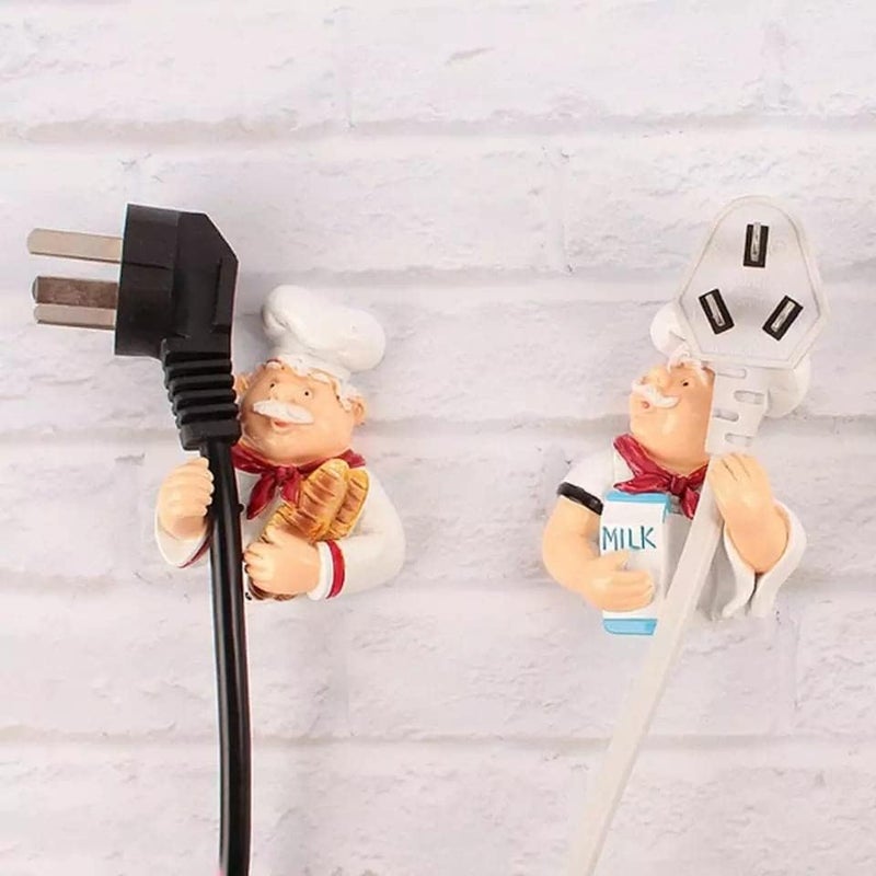 IZ LeZoir Plastic Lezoir Cute 2 Pc Cook Chef Design Power Plug Socket Holder Wall Mounted Adhesive Hook Organizer Milk Bread Design White - Image 2