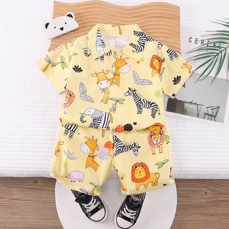 Short-sleeved shorts baby thin summer cartoon two-piece suit summer lapel baby summer handsome two-piece set Pale yellow zebra lion 