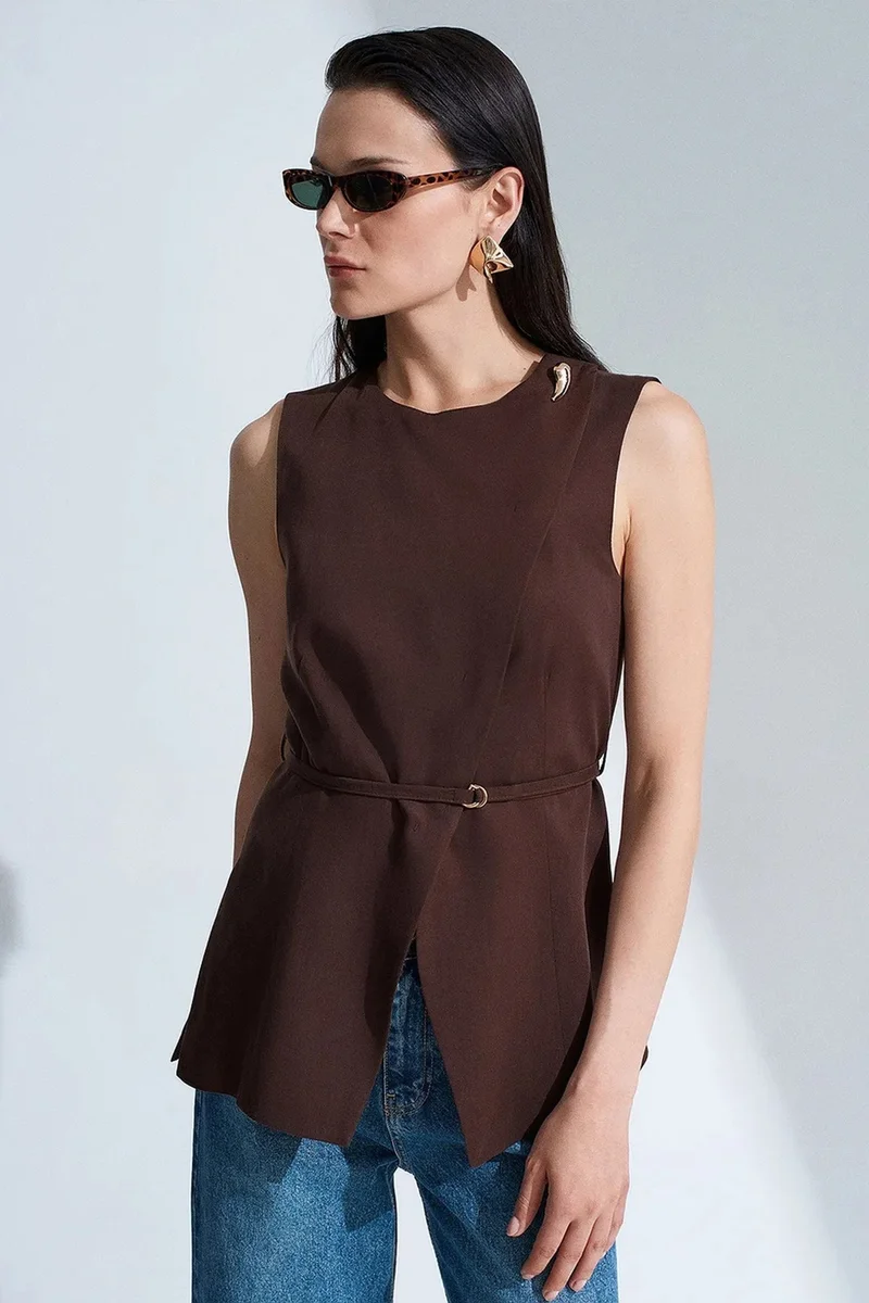 Dilvin Coffee Brown DILVIN Women's Tencel Poplin Belted Waistcoat for Women | Best Price UAE