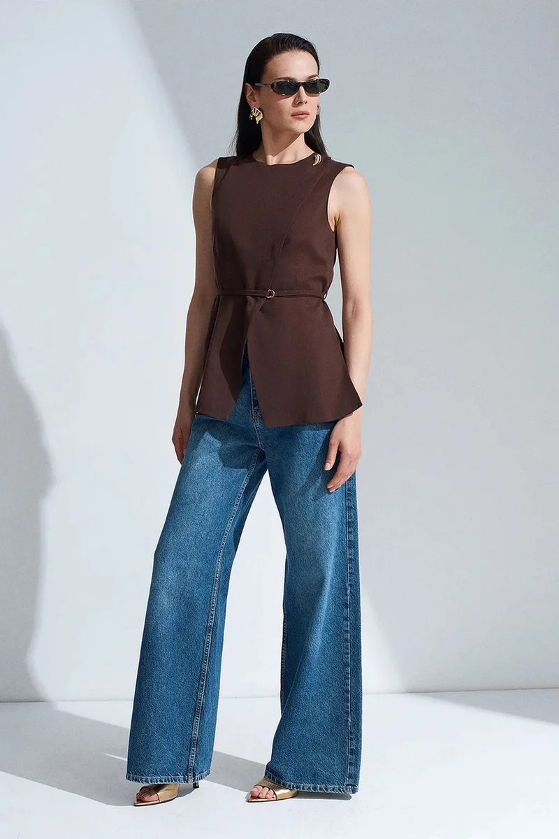 Dilvin Coffee Brown DILVIN Women's Tencel Poplin Belted Waistcoat for Women | Best Price UAE