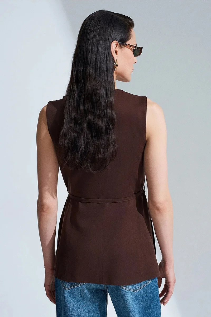 Dilvin Coffee Brown DILVIN Women's Tencel Poplin Belted Waistcoat for Women | Best Price UAE