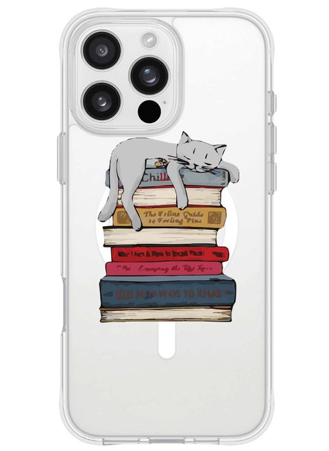 iPhone 16 Pro Magsafe Magnetic Case for iPhone Compatible with Wireless Charging, Shockproof Phone Bumper Cover - Cat on books