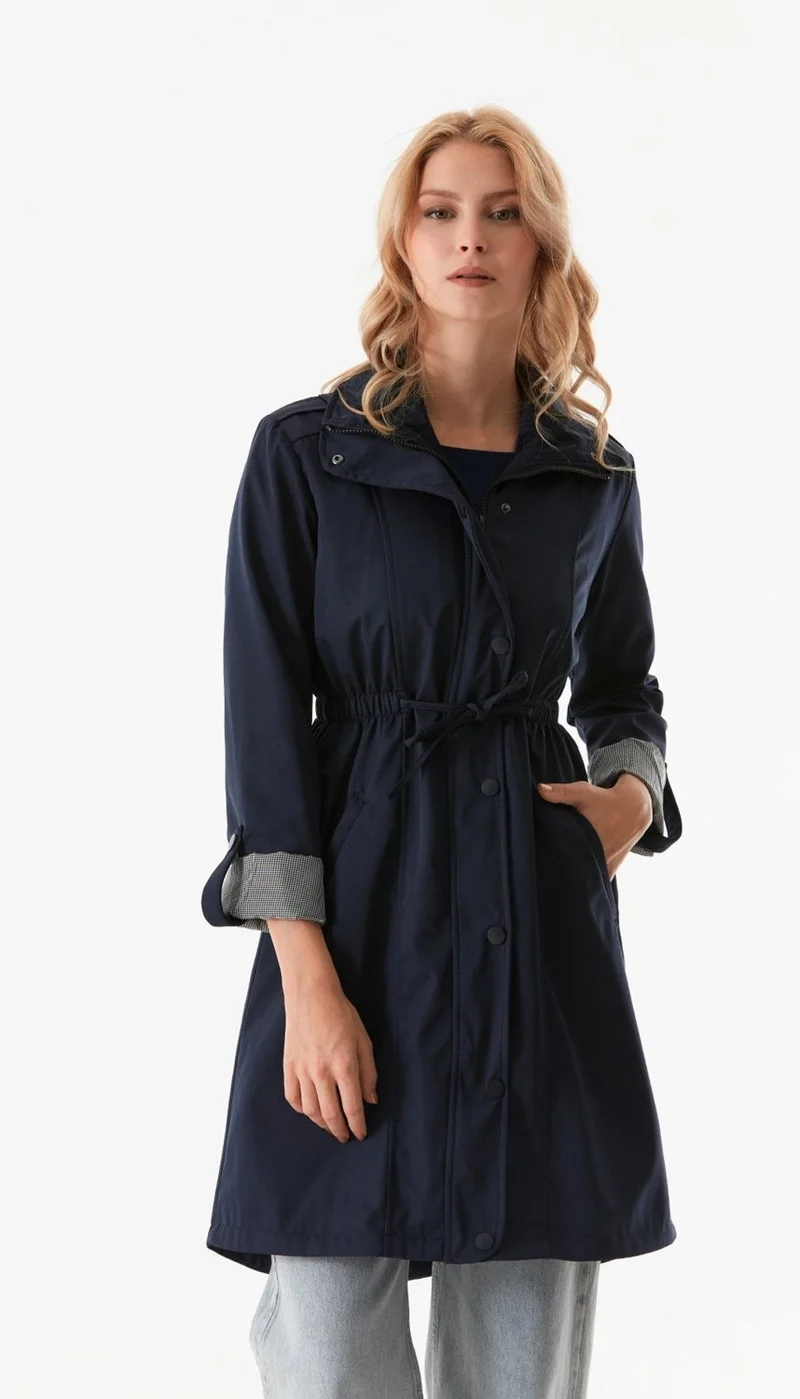 FullaModa Trench Coat with Folded Sleeves and Elastic Waist