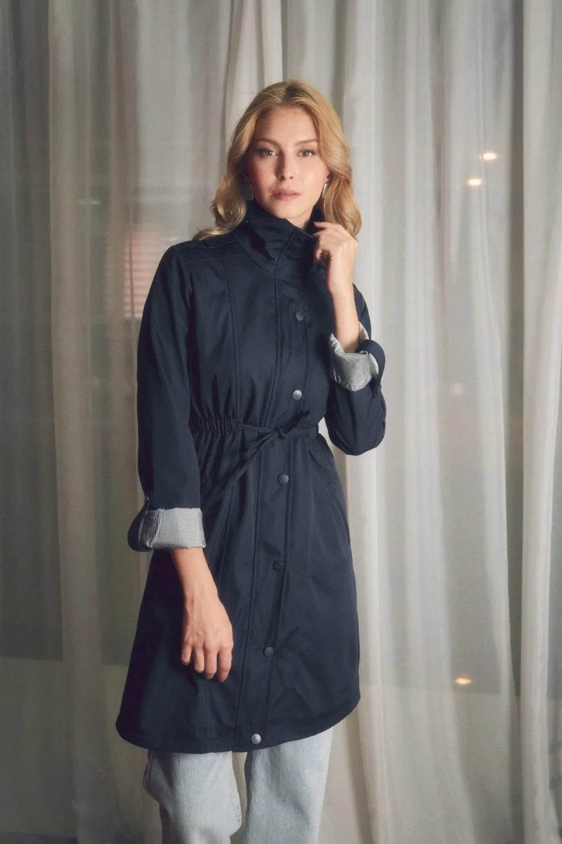 FullaModa Trench Coat with Folded Sleeves and Elastic Waist