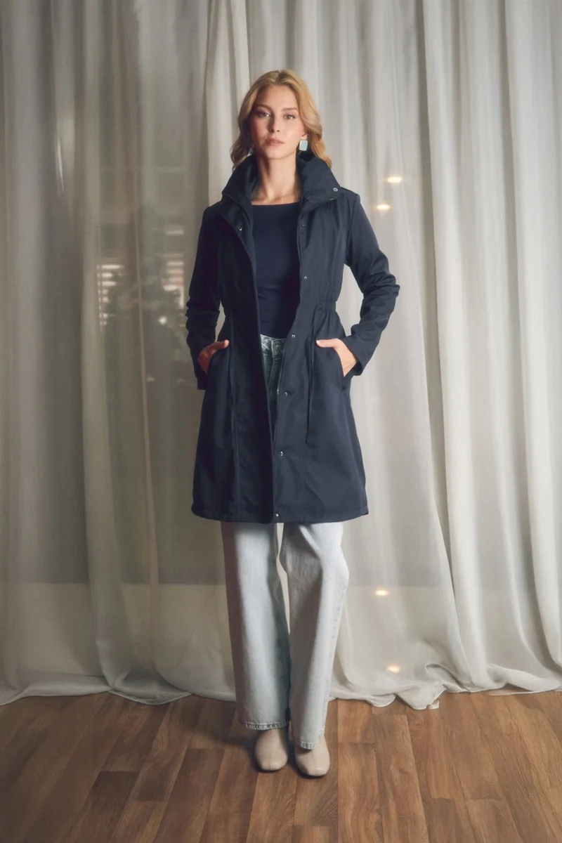 FullaModa Trench Coat with Folded Sleeves and Elastic Waist