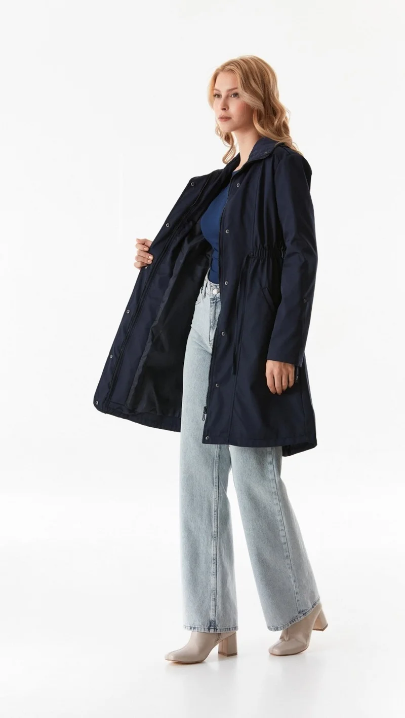 FullaModa Trench Coat with Folded Sleeves and Elastic Waist