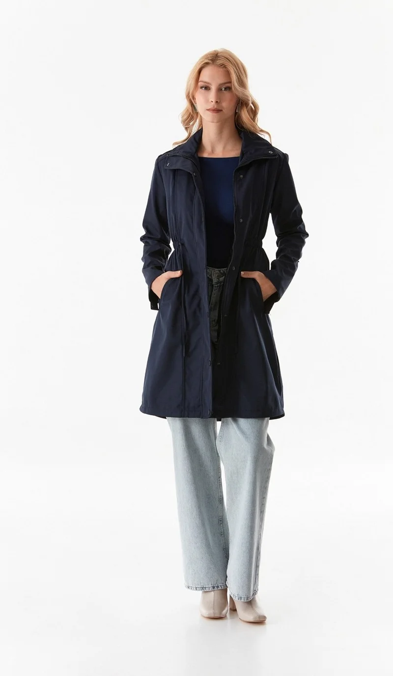 FullaModa Trench Coat with Folded Sleeves and Elastic Waist