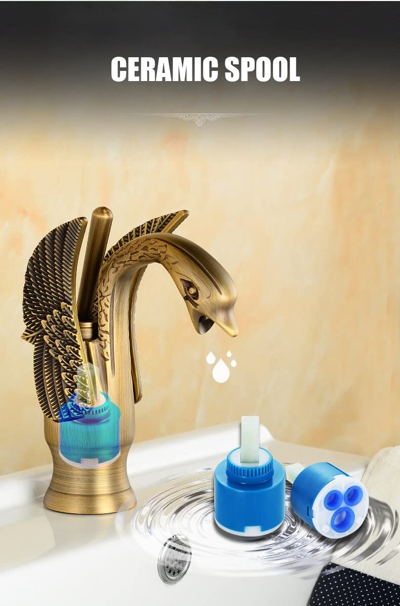 InArt Luxury Swan Shape Brass Sink Faucet Polished Bathroom Single Hole/Hot & Cold Wash Basin Mixer/Tap Antique Finish - Image 5