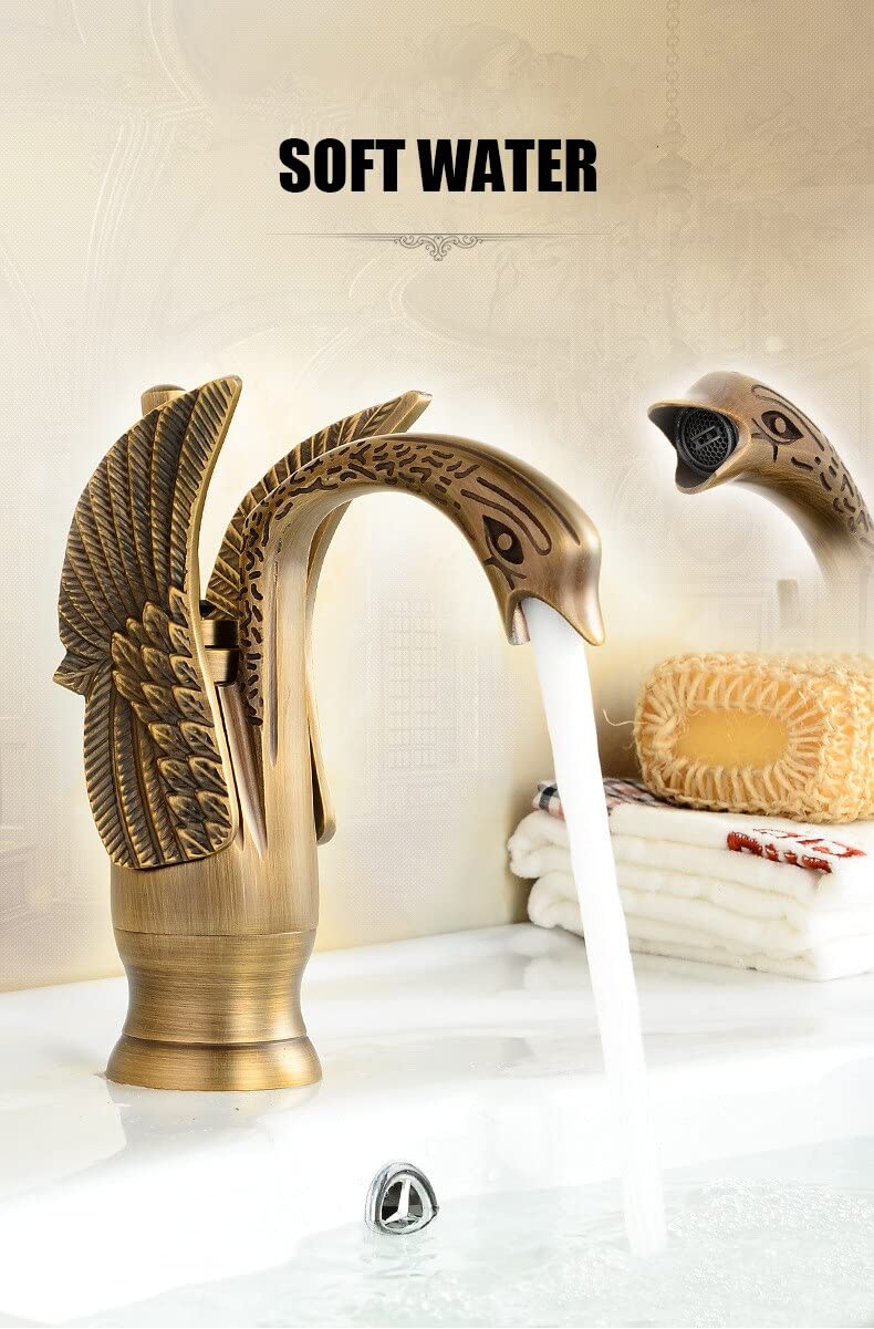 InArt Luxury Swan Shape Brass Sink Faucet Polished Bathroom Single Hole/Hot & Cold Wash Basin Mixer/Tap Antique Finish - Image 4