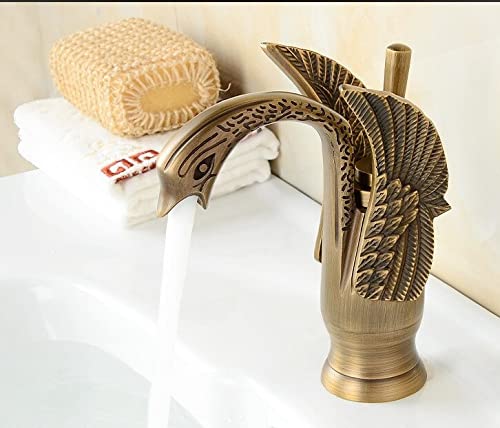 InArt Luxury Swan Shape Brass Sink Faucet Polished Bathroom Single Hole/Hot & Cold Wash Basin Mixer/Tap Antique Finish - Image 1
