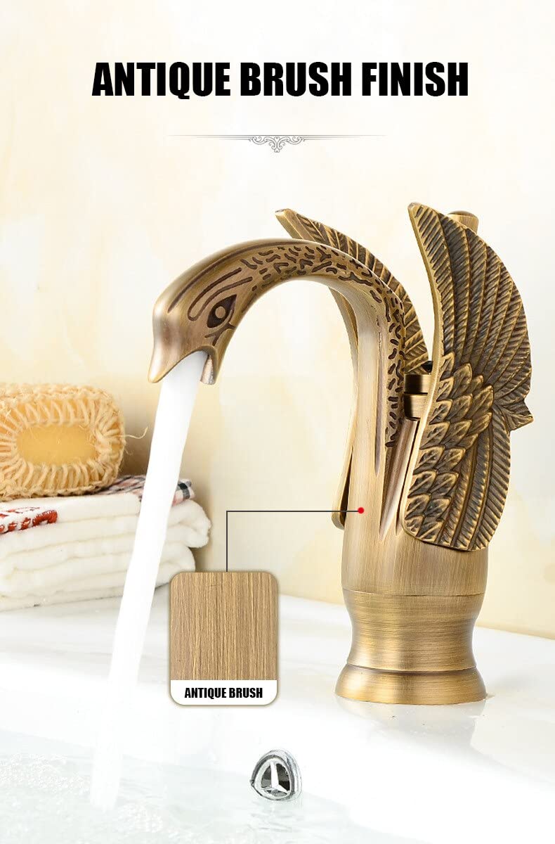 InArt Luxury Swan Shape Brass Sink Faucet Polished Bathroom Single Hole/Hot & Cold Wash Basin Mixer/Tap Antique Finish - Image 3