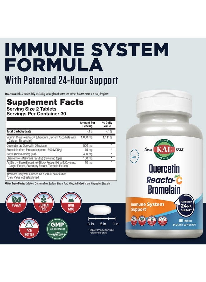 KAL Quercetin Reacta-C Bromelain Immune Support Supplement, 24 Hour Immune Defense with Bioflavonoids, Vitamin C 1000mg and Quercetin 500mg, Vegan, Gluten Free, 60-Day Guarantee, 30 Serv, 60 Tablets - Image 2