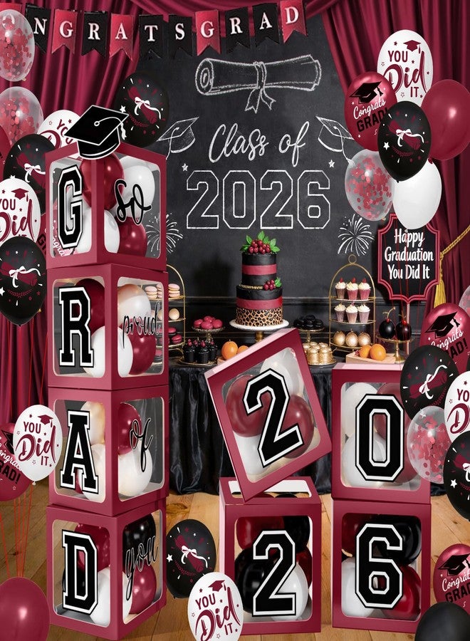 Netnology 2026 Graduation Decorations - Maroon Balloon Boxes with Letters 2026 Grad & So Proud of You and Maroon Black White Print Balloons, Graduation Party Decorations Class of 2026 for Any Grades - Image 1
