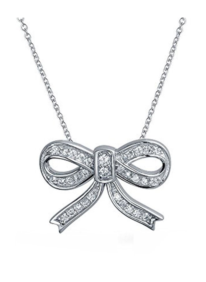 NIBEMINENT 925 Sterling Silver Pave Ribbon Bow Pendant Necklace With Cubic Zirconia - Image 1