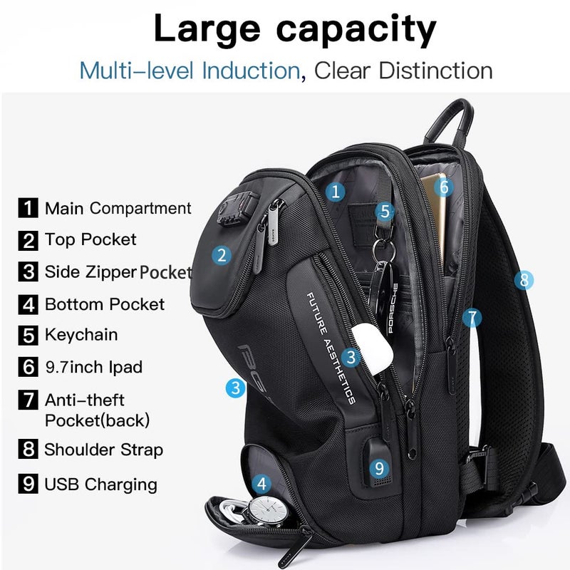 BANGE Anti theft Sling Backpack with Lock, Men's Sling Bag for Men, Shoulder Crossbody Backpack with USB Charging Port for Men and Women - Image 2